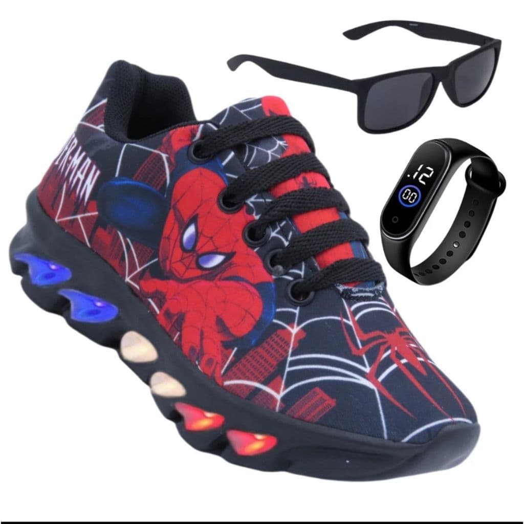 kit infantil masculino homem aranha preto com led+oculos+relogio