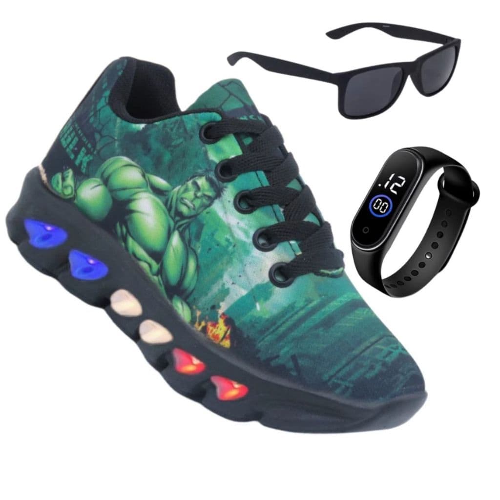 tenis infantil marculino kit hulk oculos+relogio