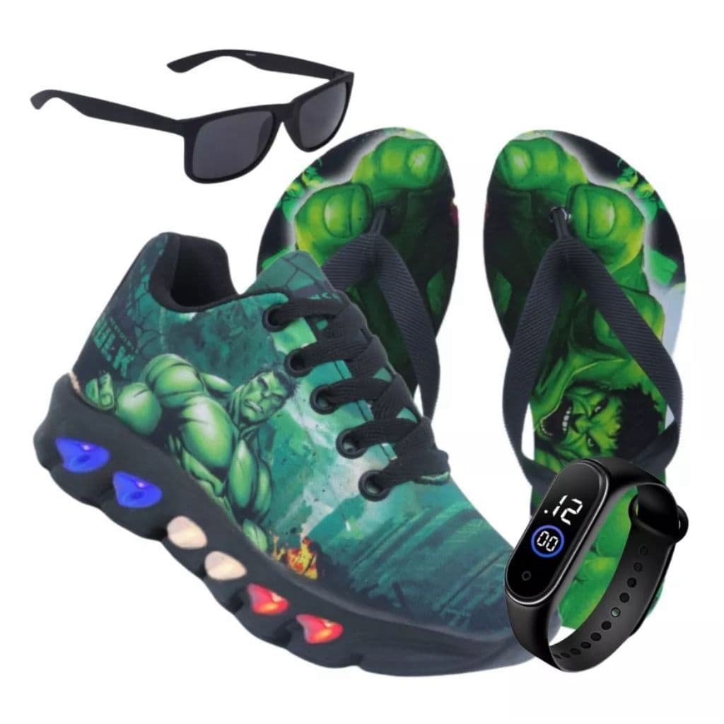 Kit Masculino Tenis Infantil Led Escolar Oculos+Relogio+Chinelo