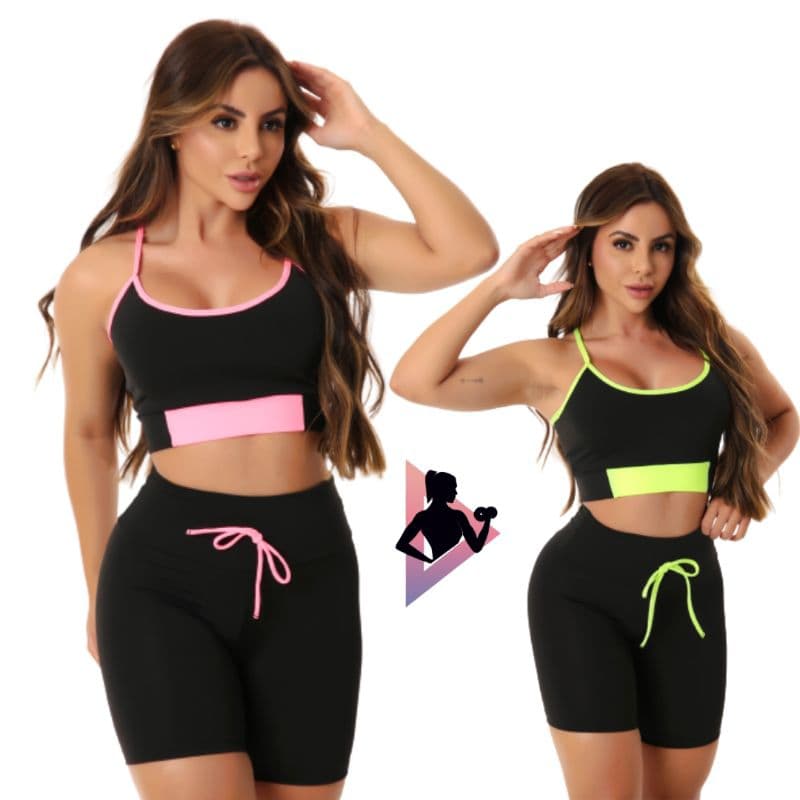 Kit com 2 Conjuntos Feminino Fitness Nadador Neon Com Top Sem Bojo Forrado Short Legging Com Regulagem Nas Laterais