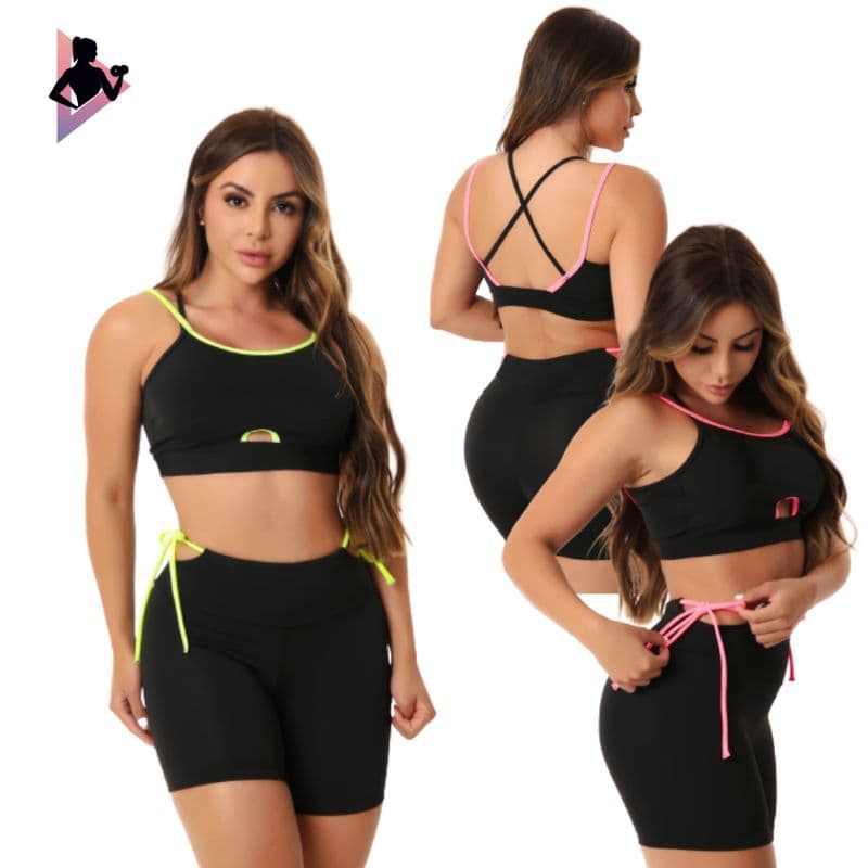 Kit Com 2 Conjuntos Fitness Feminino De Academia Esportivo Com Top Sem Bojo Com Tiras Neon Short Legging Com Laço Nas Laterais