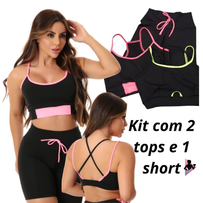 Kit Com 1 Short 2 Tops Fitness De Academia Feminino Toper Sem Bojo E Bermuda Legging Verão