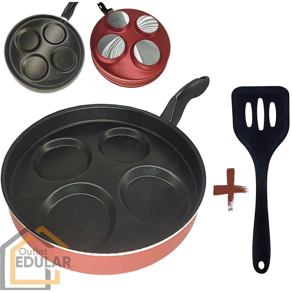 Frigideira 26 cm 4 Ovos Hambúrguer Antiaderente com Espátula Cor Vermelho
