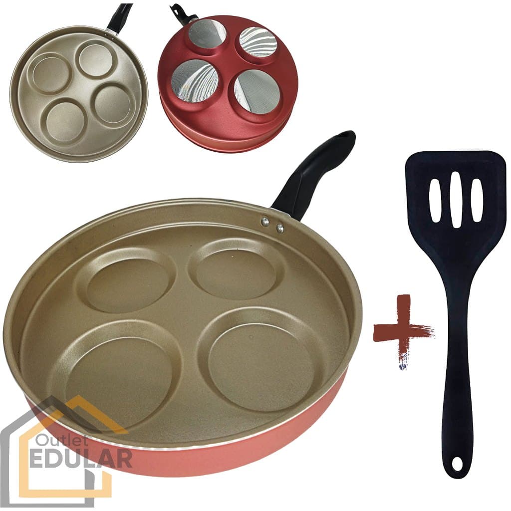 Frigideira 26 cm 4 Ovos Hambúrguer Antiaderente com Espátula Cor Cereja Gold