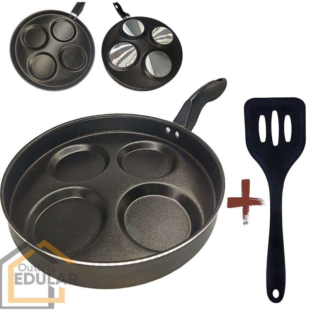 Frigideira 26 cm 4 Ovos Hambúrguer Antiaderente com Espátula Cor Preto