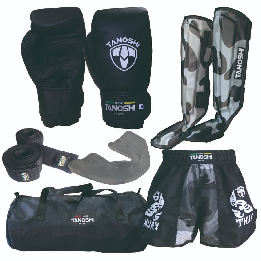 Kit completo Camuflado MuayThai com luva boxe, caneleira, shorts Kan, bucal, bandagem e bolsa xsp