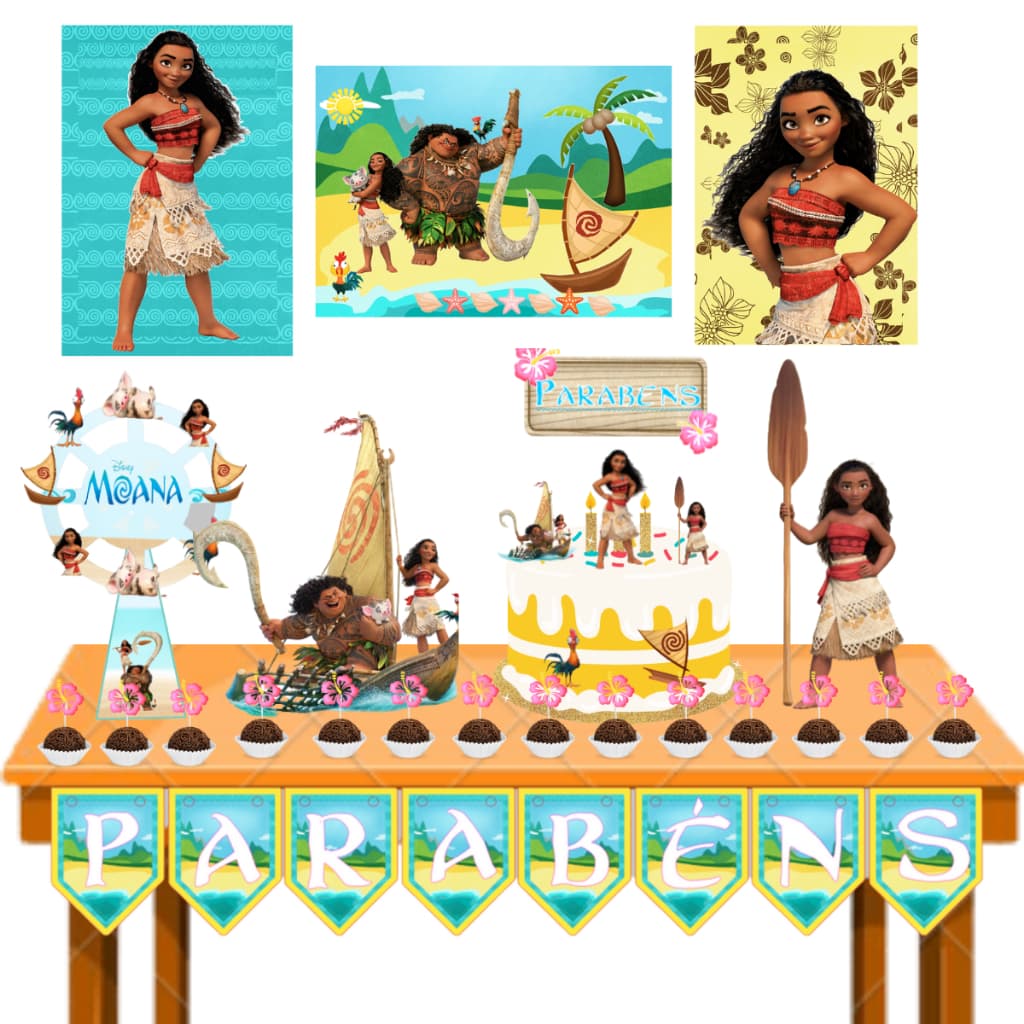 Kit festa em casa só um bolinho decoração aniversario Moana princesa + topo de bolo parabens