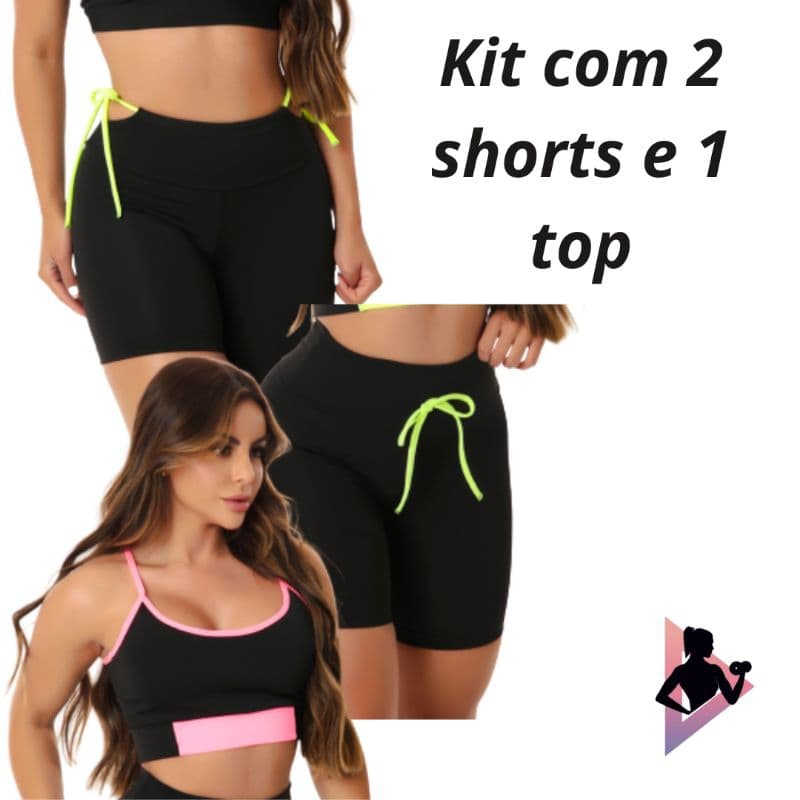 Kit Com 2 Shorts Legging E 1 Top Nadador Sem Bojo Fitness Feminino Para Academia Bermuda Esportiva Toper Reforçado