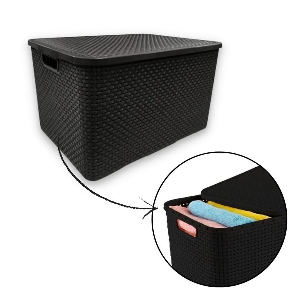 Caixa Organizadora Rattan Preto 40 litros C/tampa Empilhavel Armazenamento/Cesto