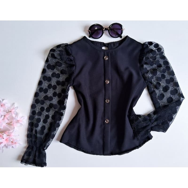 Blusa infantil manga em tule moda blogueirinha