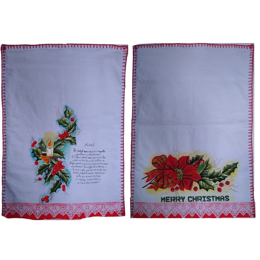 Kit 2 Pano de Prato Natalino 75x50cm Pintado a Mão Crochê Estampas Feliz Natal