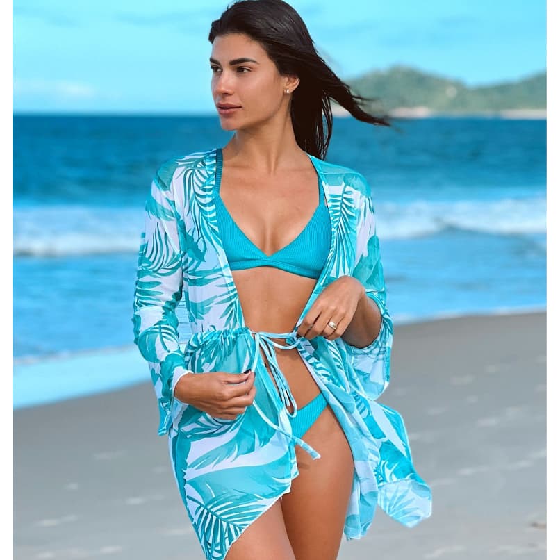 Saida Feminina de Praia  Com Cordão Estampa Tecido Tule Floral Tule Tendência Verão