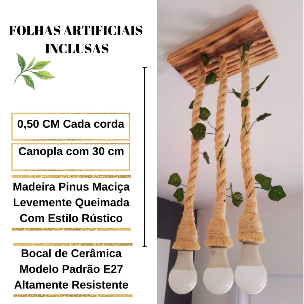 Luminária Pendente Lustre Rústico teto Corda Sisal