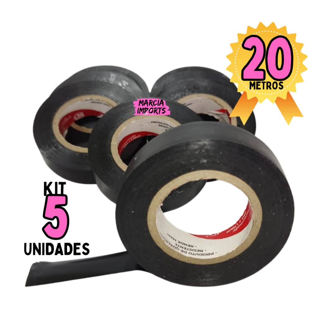 5 Unidades Fita isolante 17mm x 20 metros ou 10 metros preta excelente cola Reduz a vulnerabilidade, Classe de Tensão de 750V, Resistente a raios fita anti chamas fio elétrico fitas isolante para tomadas e fio Disponivel