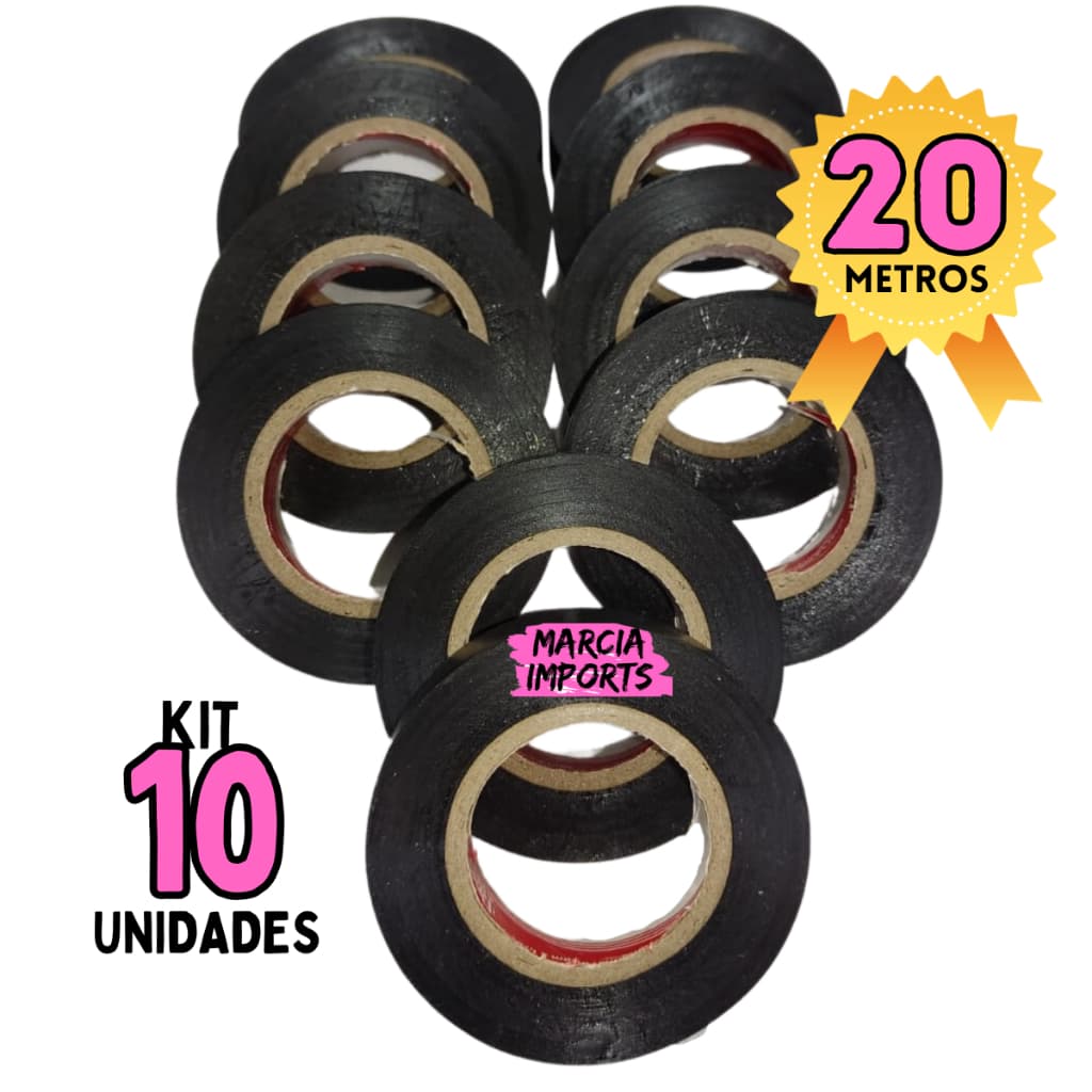 Kit 10 Fita isolante 17mm x 20 metros ou 10 metros preta excelente cola Reduz a vulnerabilidade, Classe de Tensão de 750V, Resistente a raios fita anti chamas fio elétrico fitas isolante para tomadas e fio Ótimo produto