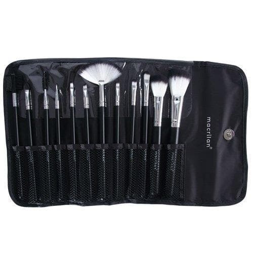 Kit 12 Pinceis Macrilan Profissional para Maquiagem + Estojo Case Diversas Cores Sortidas