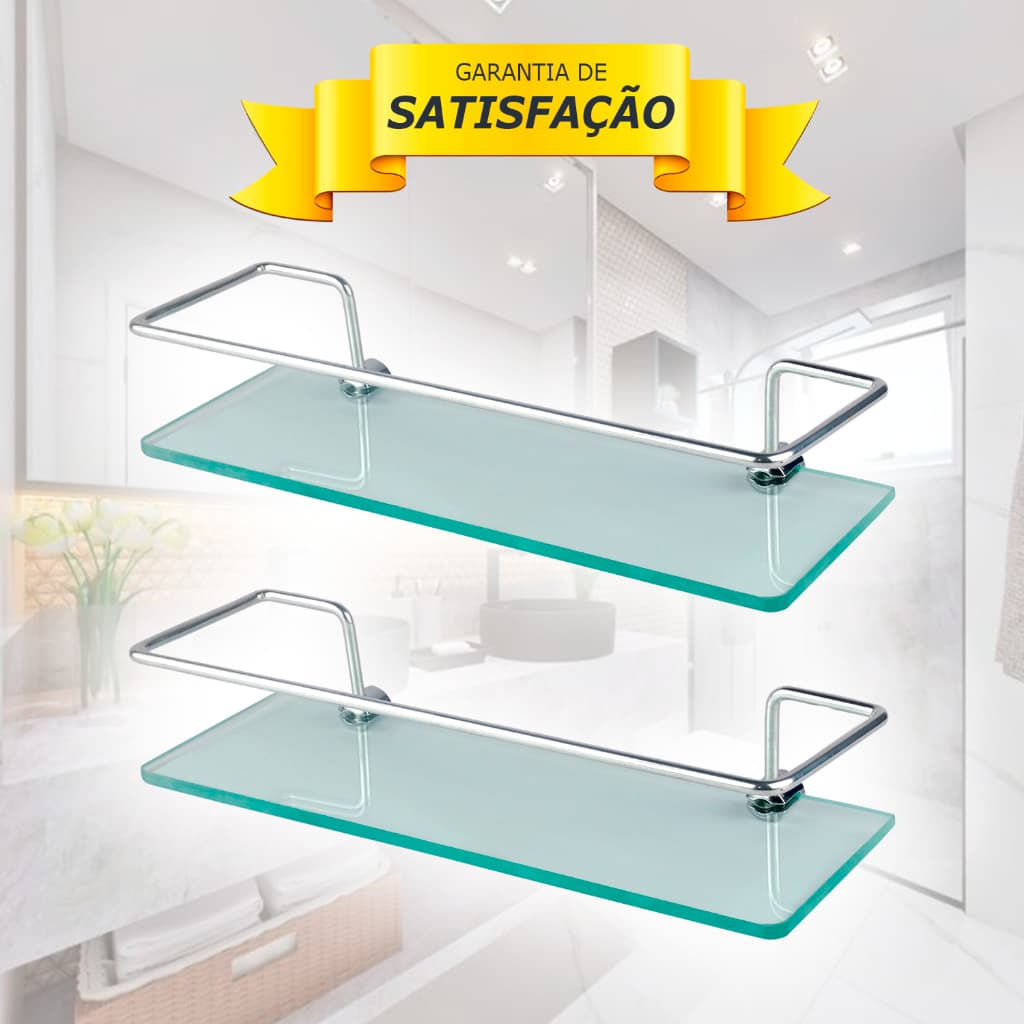 PORTA SHAMPOO PARA BANHEIRO RETO CROMADO BASE DE VIDRO TEMPERADO KIT 2 UN