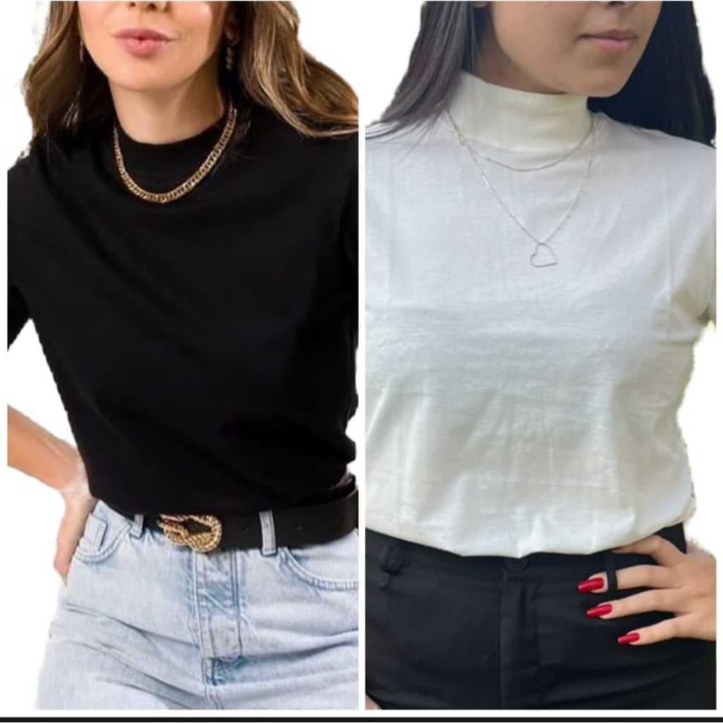 KIT 2 T-SHIRT BÁSICA LISA GOLA ALTA FEMININA