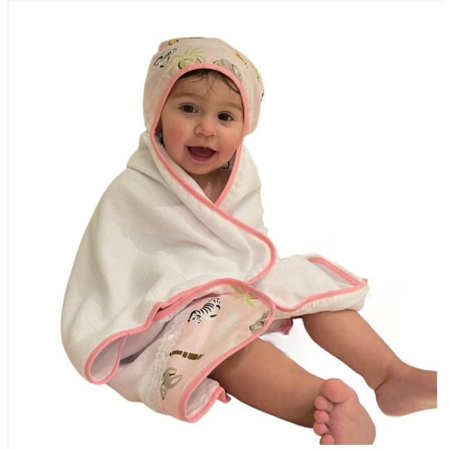 Toalha De Banho Bebe Dupla Face Com Capuz Forrada com fralda Safari Rosa BEBÊ