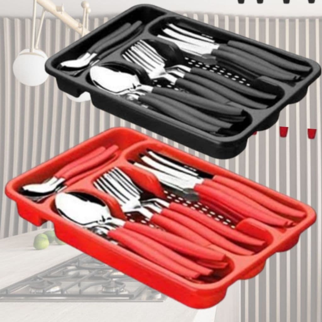 Jogo De Talheres Conjunto Porta Talher Faqueiro Inox Com 24 Peças + Suporte Gaveteiro