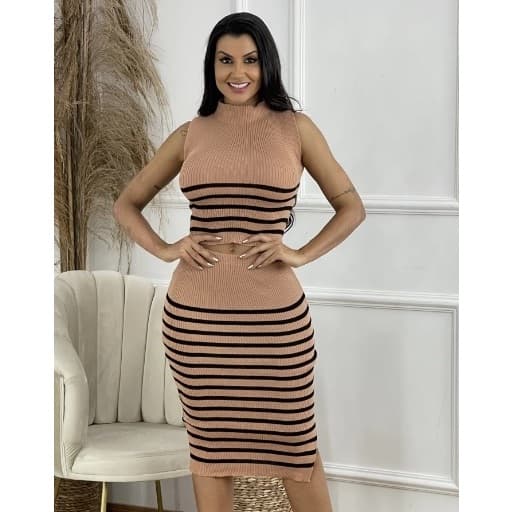 Conjunto Tricot Cropped com Saia Midi / Tricot Modal Canelado / Conjunto de Tricô Listrado