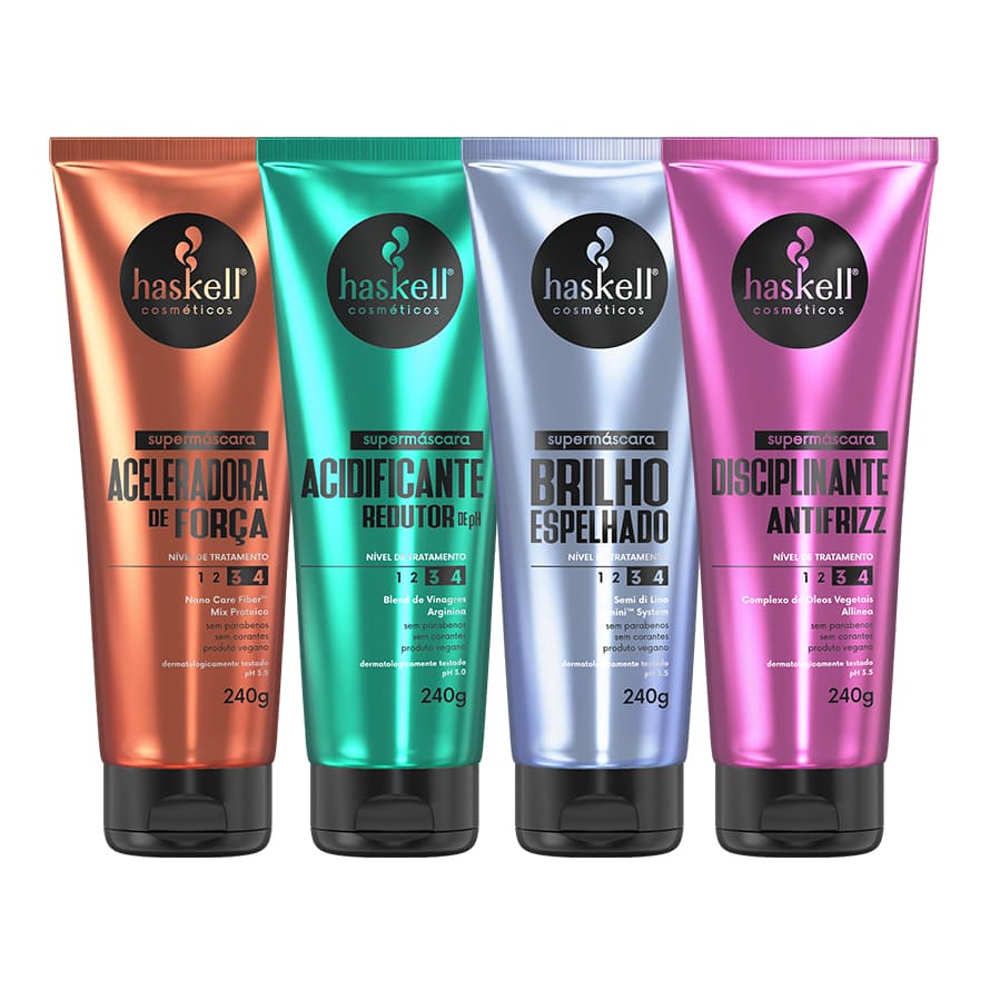 SuperMáscaras Haskell 240gr//Acidificante-Brilho Espelhado/Aceleradora de Força-Disciplinate Antifrizz