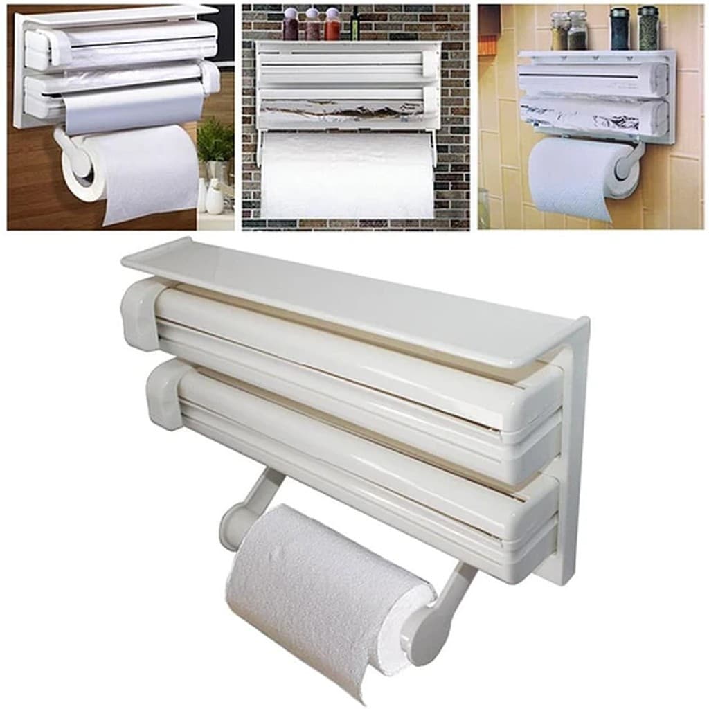 Porta Rolos Prático Para Papel Toalha, Plástico Filme e Papel Alumínio 3 em 1 Branco