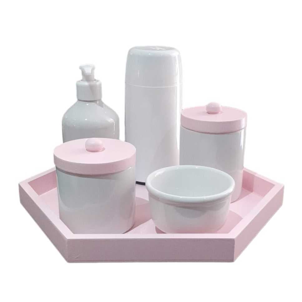 Kit higiene Bebê porcelana menina maternidade potes com tampa e bandeja rosa garrafa térmica saboneteira liquida