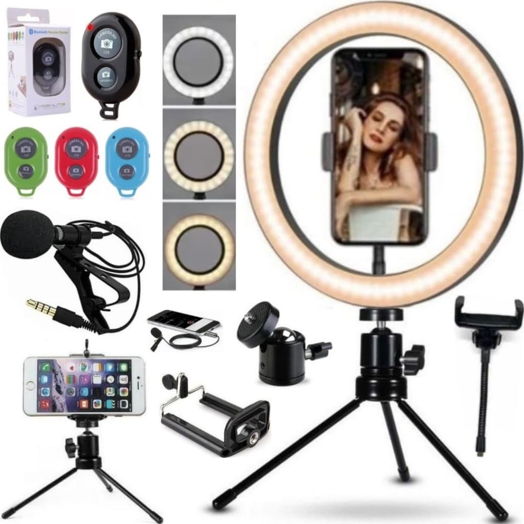 Kit Gravação Ring Light Iluminador Luz Led Suporte Celular Tripé Controle Microfone