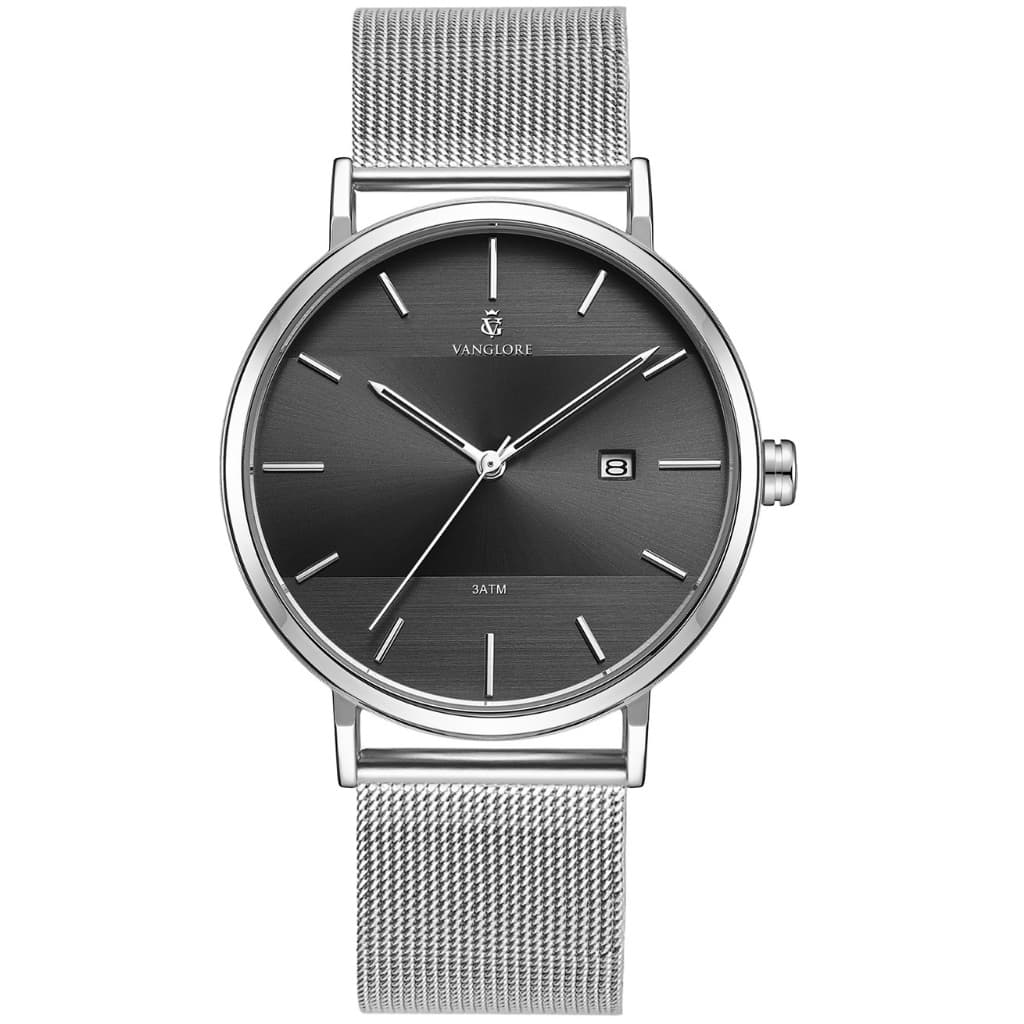 Relógio Feminino Prata Mostrador Preto Slim Minimalista Pulseira Mesh Aço Inox Vanglore Selecty 33mm