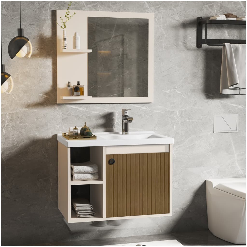 CONJUNTO GABINETE COM ESPELHEIRA E CUBA PARA BANHEIRO 60CM ADONIS PEROLA RIPADO