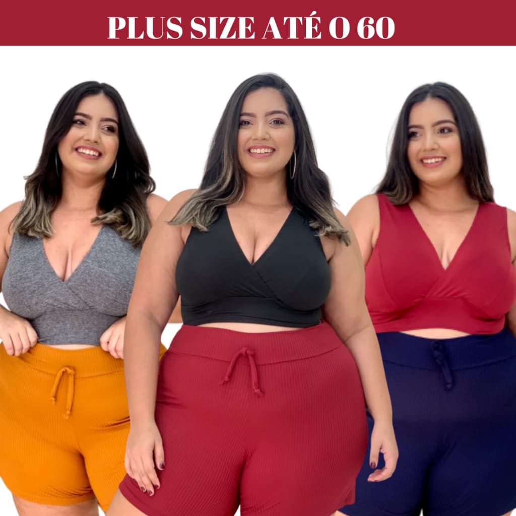 kit 3 Tops Fitness Plus Size Até o 60 Suplex Feminino Treino