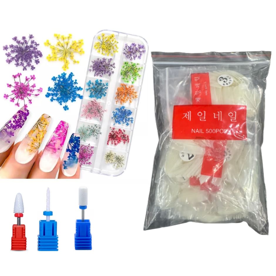 kit curso manicure kit unha de gel 500 tips curvatura c natural saquinho 03 brocas de ceramica nao esquenta flor seca