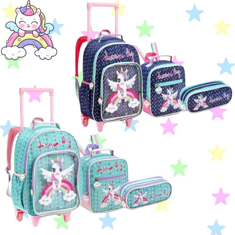 KIT MOCHILA ESCOLAR INFANTIL MENINA UNICÓRNIO COM RODINHAS / KIT MOCHILA + LANCHEIRA+ ESTOJO/MOCHILA PARA MENINA