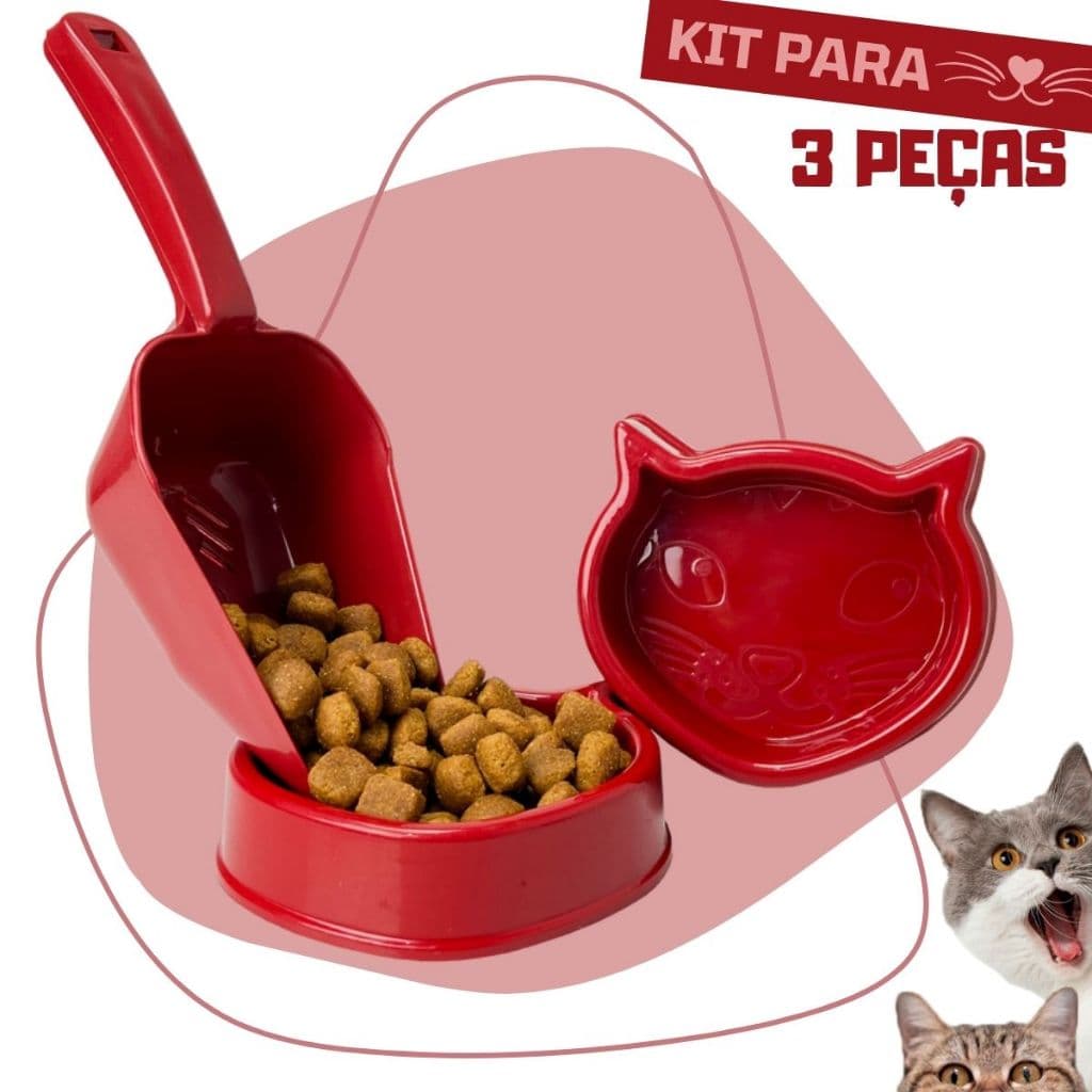 Kit Comedouro e Bebedouro Para Gato + 150ml Concha Dosadora de Ração
