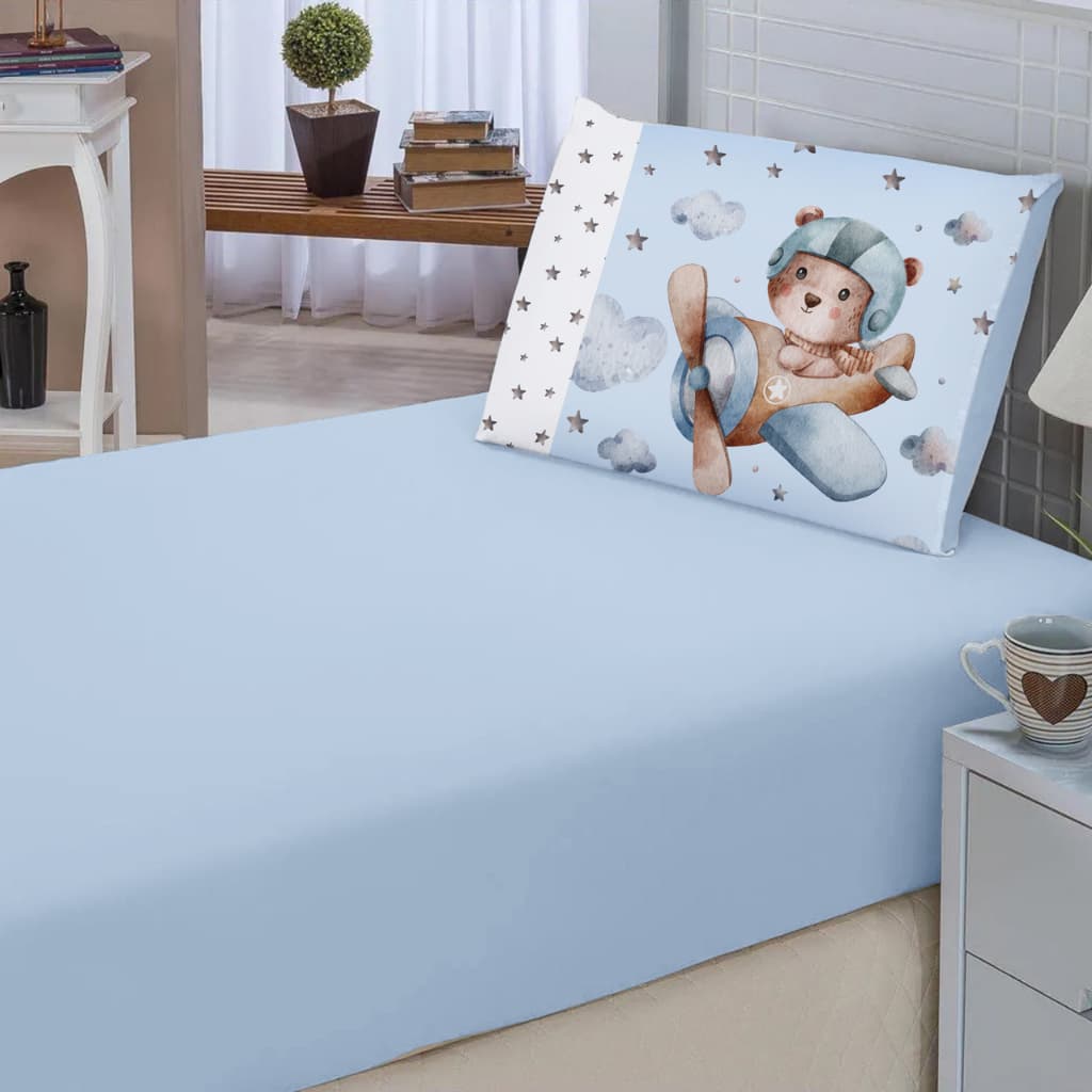 Kit Lençol Solteiro Elásticado Liso + fronha Estampada 2 Peças URSINHOS Decoração Quarto Infantil