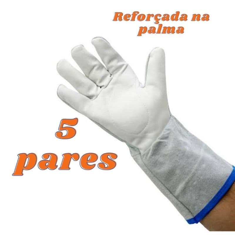 Kit com 5 pares de luva mista de raspa com palma em vaqueta de couro, cano longo de 15 cm com CA