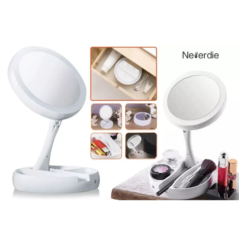 Espelho Maquiagem Aumento 10x Dupla Luz Led Organizador Usb