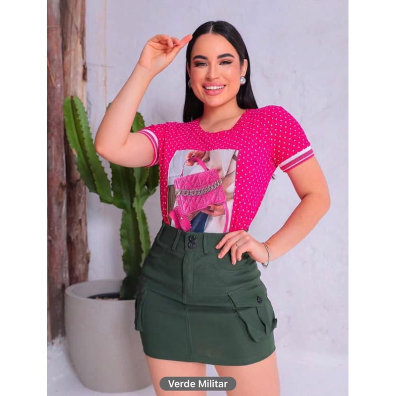 Saia Cargo bemgaline Feminina Cintura Alta Modela Bumbum Bolsos Laterais