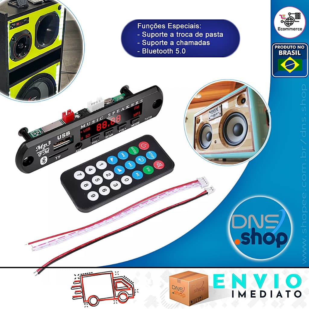 Decodificador MP3 Bluetooth 5.0 Estéreo USB FM Micro SD 12V Troca de Pasta
