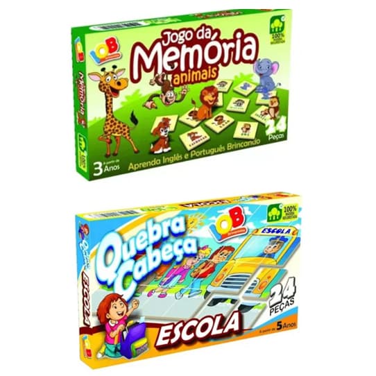 2 Jogos Educativos - Jogo da Memória Animais Inglês e Portugues 24 peças + Quebra Cabeça Escola 24 peças IOB
