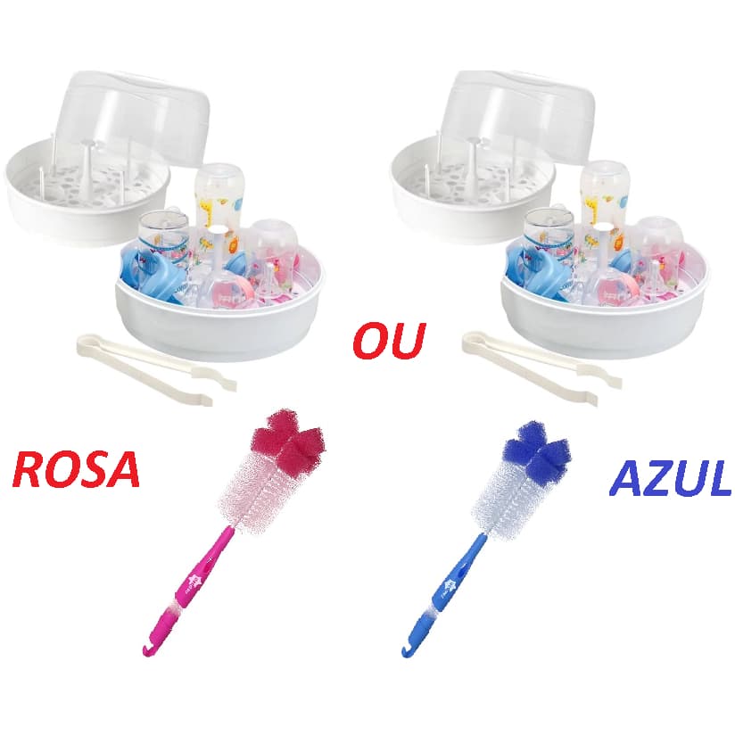 Esterilizador Mamadeiras A Vapor Microondas + Escova Azul/Rosa 360° Neopan