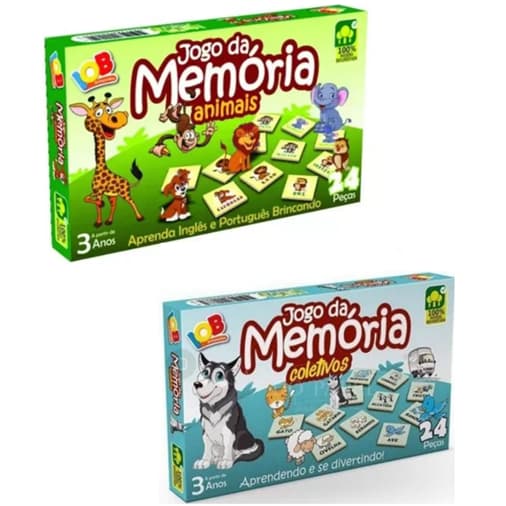 2 Jogos Educativos - Jogo da Memória Coletivos 24 peças + Jogo da Memória Animais Inglês e Português 24 peças IOB
