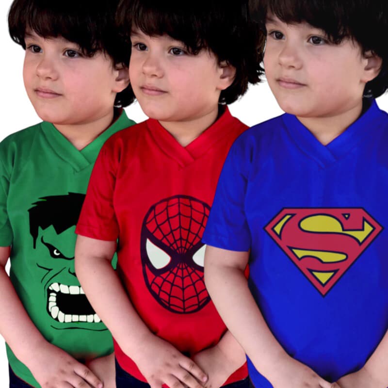 Kit 3 camiseta infantil masculino menino personagem heróis