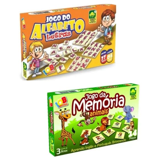 2 Jogos Educativos - Jogo da Memória Animais Inglês e Português 24 peças  + Jogo do Alfabeto Letras 27 peças IOB