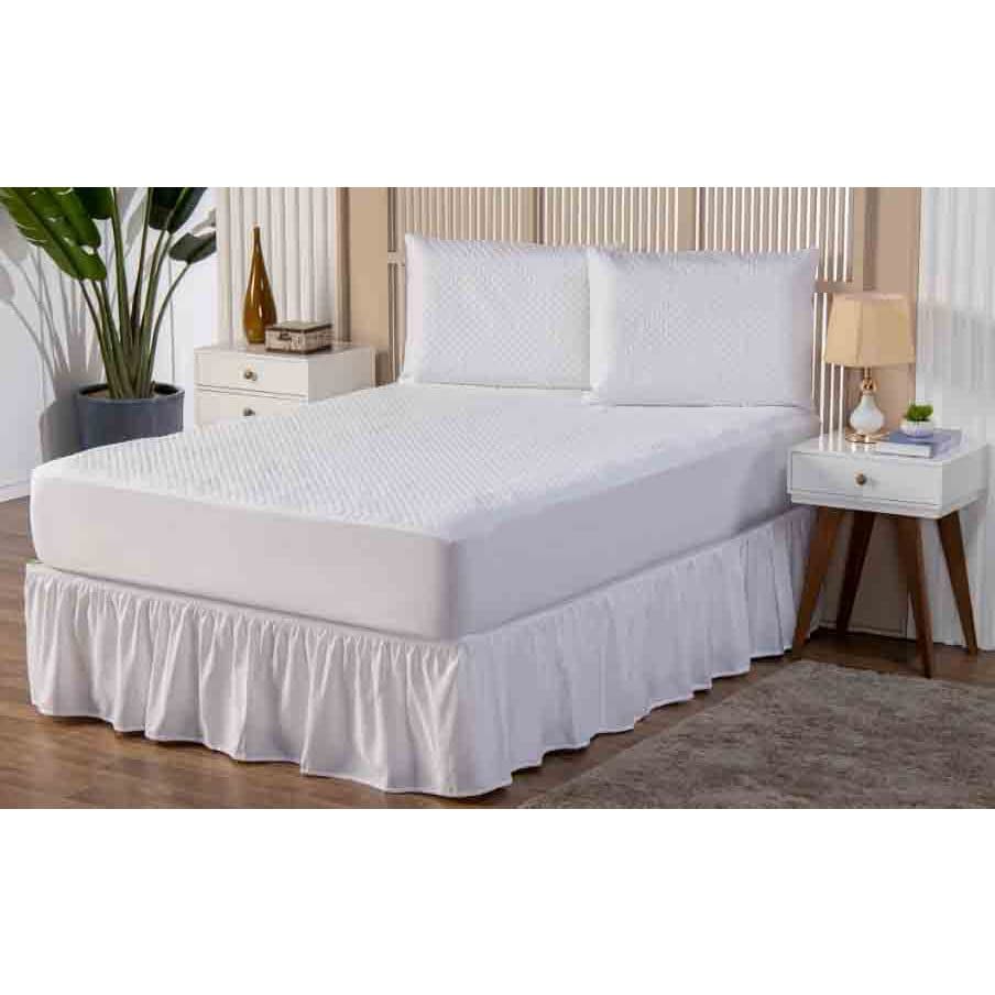 Kit Capa Protetor de Colchão Casal Impermeável + 2 Protetor de Travesseiro + Saia Box com Elástico Ajustável