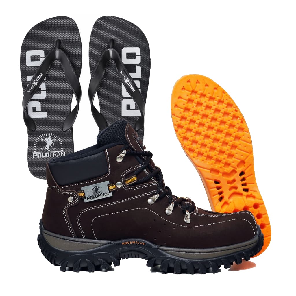 Kit Bota Adventure Marrom Botina Polo Fran Masculina + Palmilha gel + Chinelo