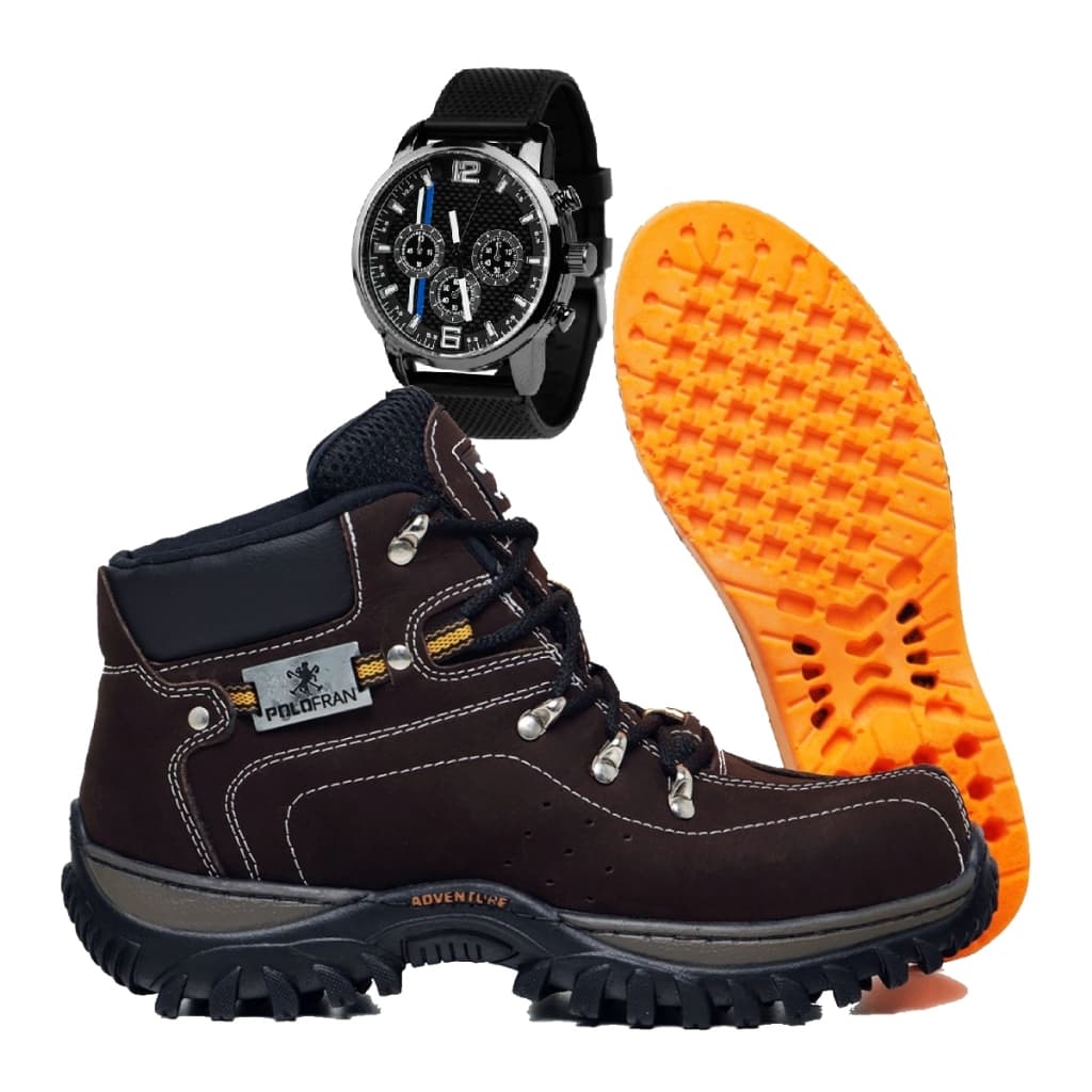 Kit Bota Botina Adventure Polo Fran Coturno Masculino Couro Marrom Com Palmilha Gel + Relógio