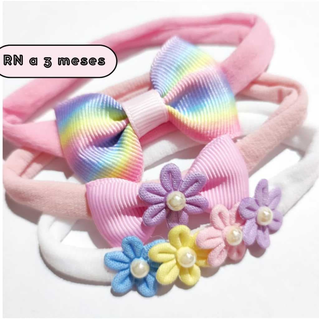 Faixa ARCO IRIS com 3  laços de bebê na meia de seda para cabelo bebe rn