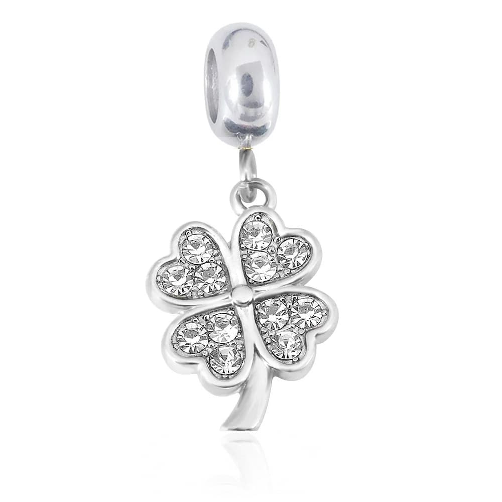 Berloque Pingente Trevo 4 Folhas Cristal em Aço Inoxidável